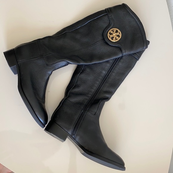 Tory Burch Black Leather Gold Logo Tall Boots - Picture 1 of 11
